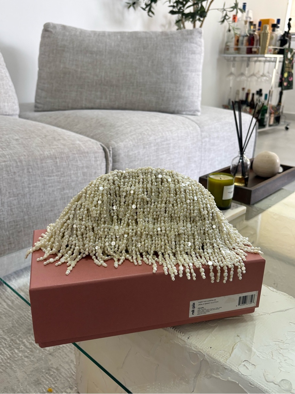 Cult Gaia Jaala nano clutch. Pearl Beaded Fringe Clutch in Ivory